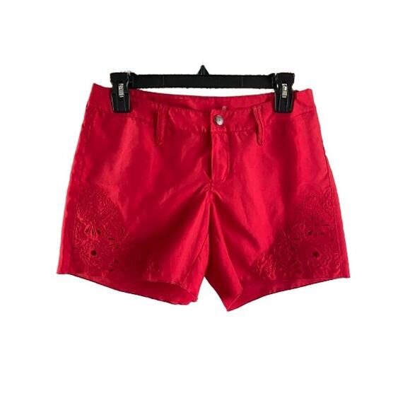Athleta Red Floral Eyelet Embroidered Cutout Coastal Lightweight Shorts‎ Sz 0 - Picture 1 of 11